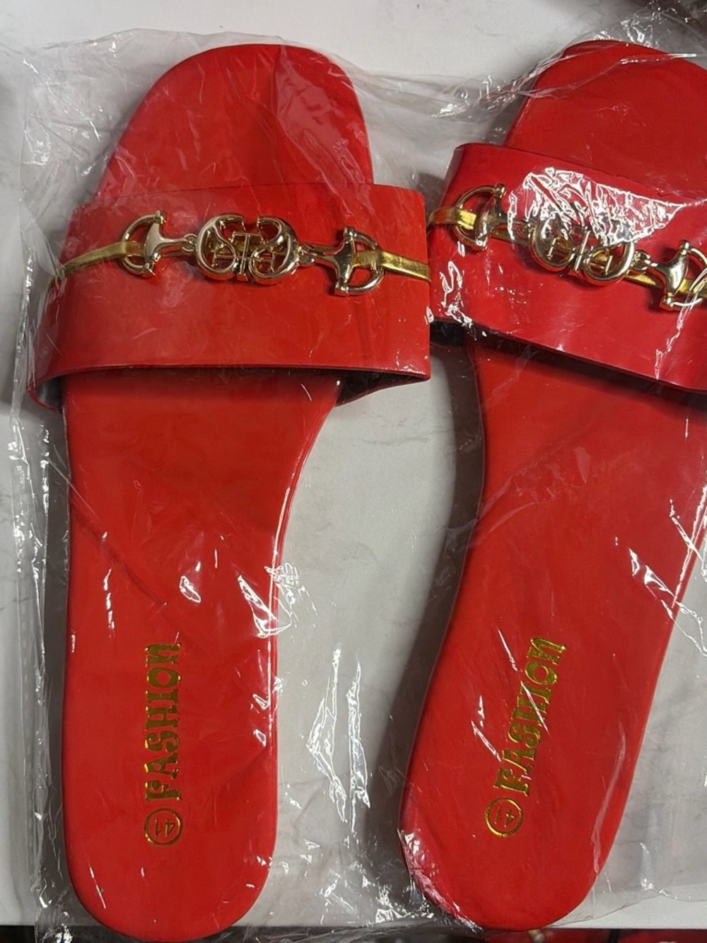 Red Women's Slide Sandals with Gold Chain Accent